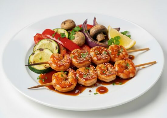 Grilētu garneļu iesmiņi Teriyaki glazūrā